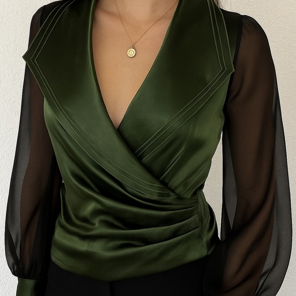 COLDWATER CREEK | Olive Satin Blouse with Sheer Sleeves - Picture 1 of 16